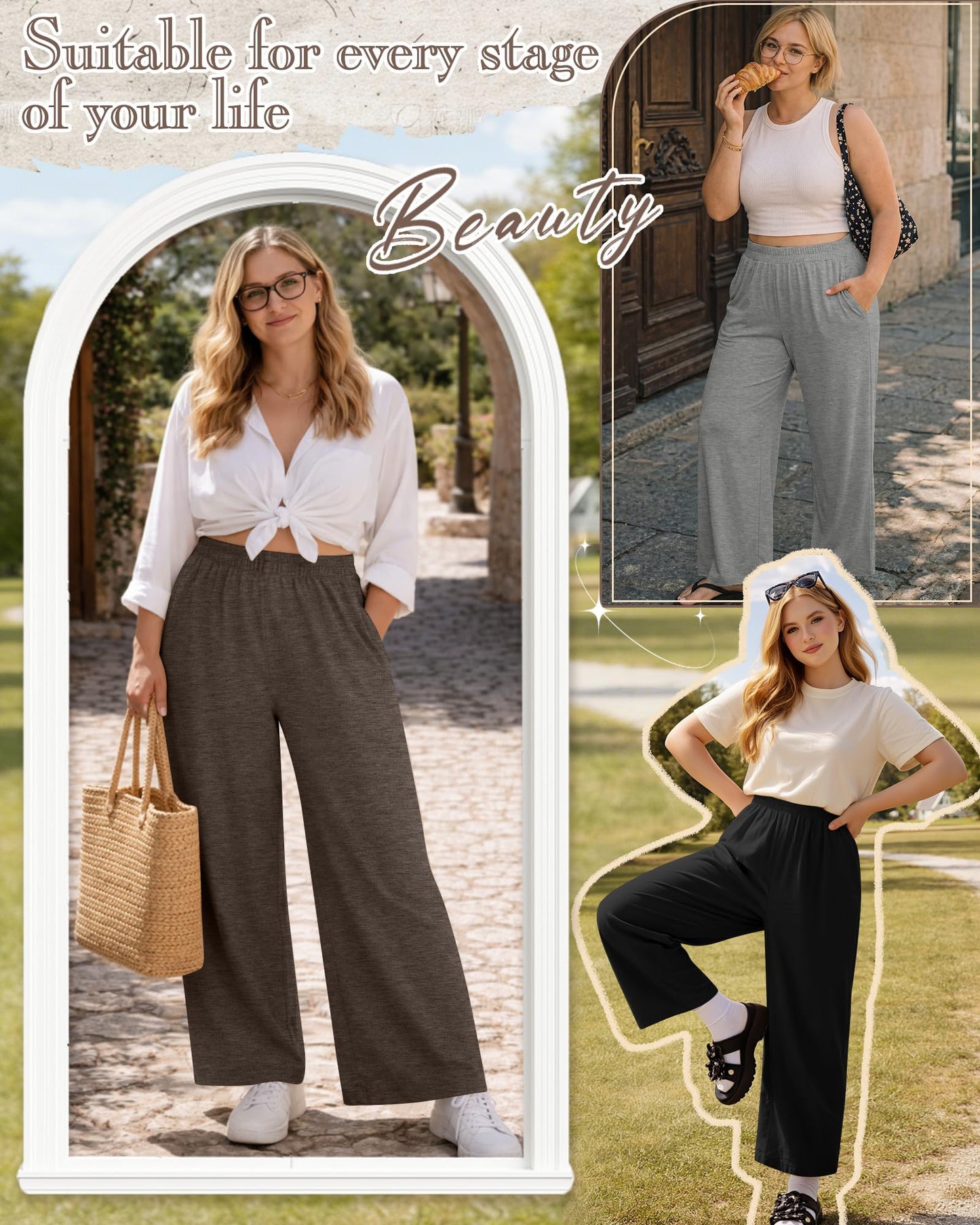 Evervibe 3 Pack Women Plus Size Wide Leg Pants Loose Fit Palazzo Lounge Yoga Sweatpants High Waist Casual Pajamas Pants