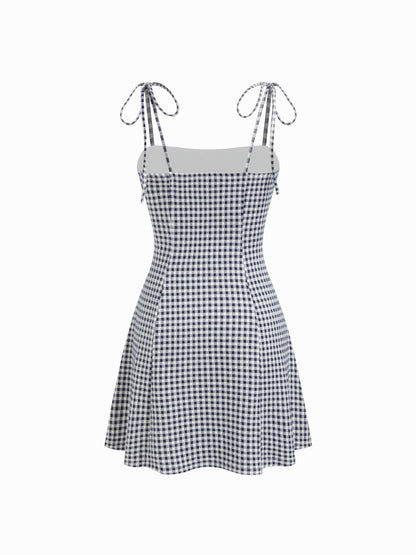 CIDER Womens Summer Gingham Dress Plaid Tie Spaghetti Strap Sleeveless Lace Trim Cute A Line Casual Mini Dresses Sundress