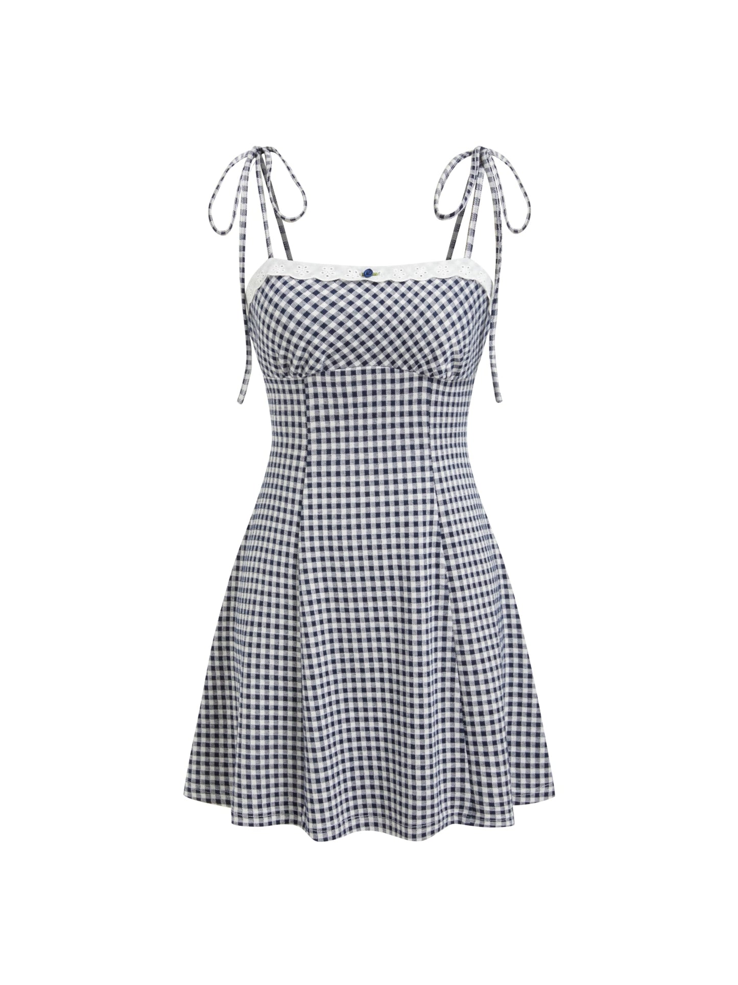 CIDER Womens Summer Gingham Dress Plaid Tie Spaghetti Strap Sleeveless Lace Trim Cute A Line Casual Mini Dresses Sundress