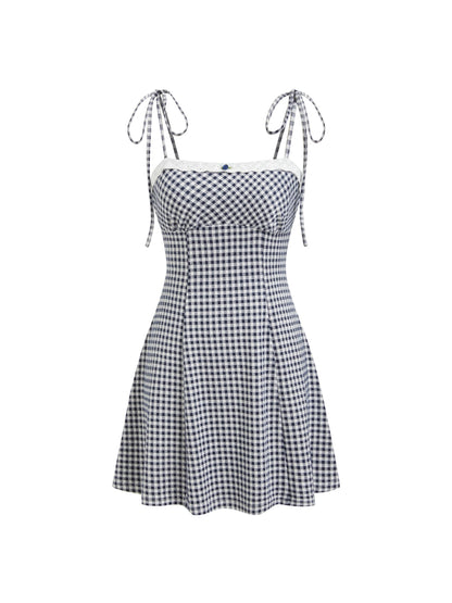 CIDER Womens Summer Gingham Dress Plaid Tie Spaghetti Strap Sleeveless Lace Trim Cute A Line Casual Mini Dresses Sundress