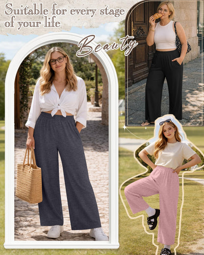 Evervibe 3 Pack Women Plus Size Wide Leg Pants Loose Fit Palazzo Lounge Yoga Sweatpants High Waist Casual Pajamas Pants