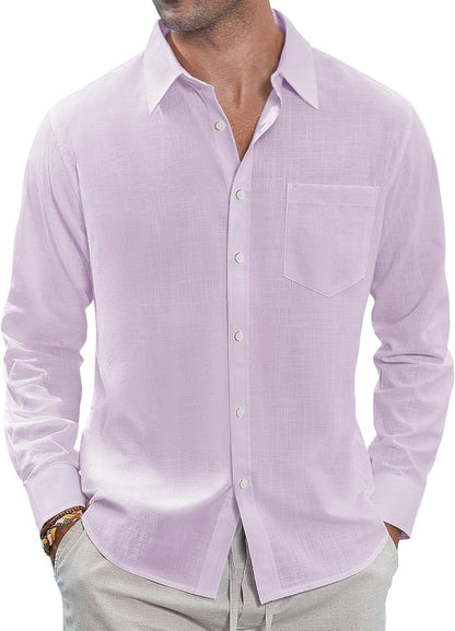 J.VER Men's Linen Shirts Casual Button Down Long Sleeve Shirt Solid Spread Collar Summer Beach Shirts with Pocket