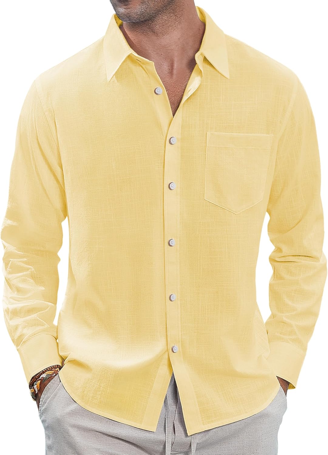 J.VER Men's Linen Shirts Casual Button Down Long Sleeve Shirt Solid Spread Collar Summer Beach Shirts with Pocket