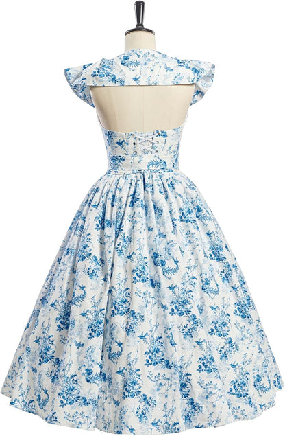miccostumes Vintage 1950s Floral Print Dress with Adjustable Back & Belt Off-The-Shoulder Regular Sleeves Retro Swing Dress