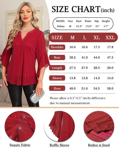 Ninedaily Womens Sparkly Tops 3/4 Sleeve Dressy Casual Sequin Blouses Double Layers Loose V Neck Shirt