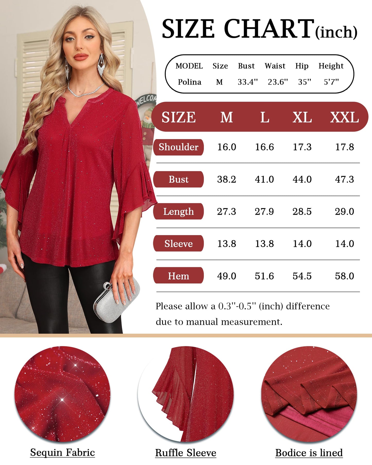 Ninedaily Womens Sparkly Tops 3/4 Sleeve Dressy Casual Sequin Blouses Double Layers Loose V Neck Shirt