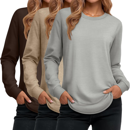 Ficerd 3 Pack Women's Long Sleeve Shirts, Cotton Crew Neck Tunic Tops Casual Loose Fit Pullover Sweatshirts Curved Hem Shirts