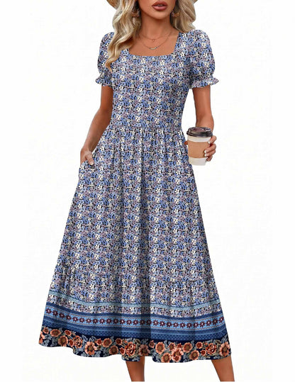 Zeagoo Summer Dresses for Women Flowy Casual Midi Dress Short Sleeve Tiered Dress Beach Vacation Sundresses with Pockets