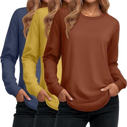 Ficerd 3 Pack Women's Long Sleeve Shirts, Cotton Crew Neck Tunic Tops Casual Loose Fit Pullover Sweatshirts Curved Hem Shirts