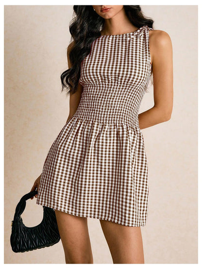 Floerns Women's Tie Shoulder A Line Gingham Dress Boat Neck Mini Checkered Elegant Dresses