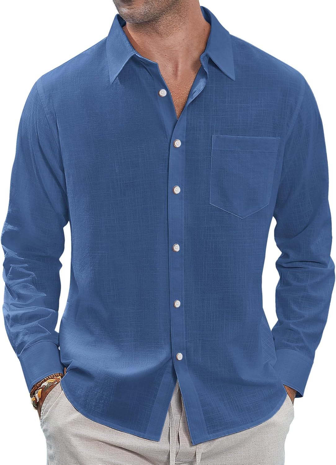 J.VER Men's Linen Shirts Casual Button Down Long Sleeve Shirt Solid Spread Collar Summer Beach Shirts with Pocket
