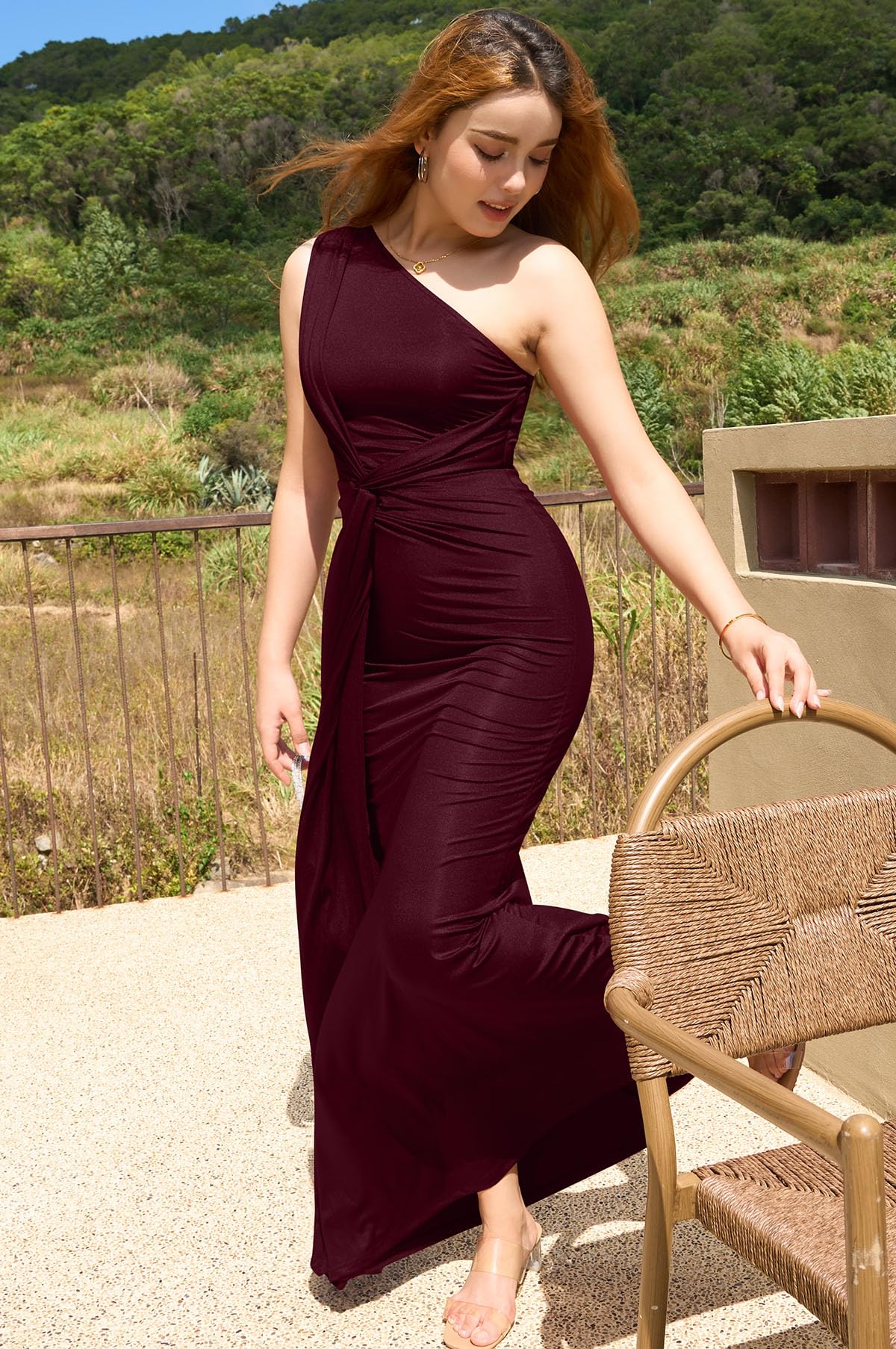 Memoriesea Women's Elegant Sleeveless One Shoulder Bodycon Evening Cocktail Maxi Dress