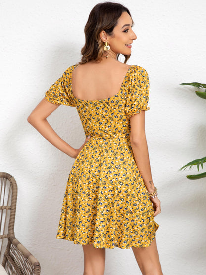 Missufe Women's Puff Short Sleeve Fit and Flare Casual Drawstring Floral Mini Sun Dresses 2025 Summer Vacation