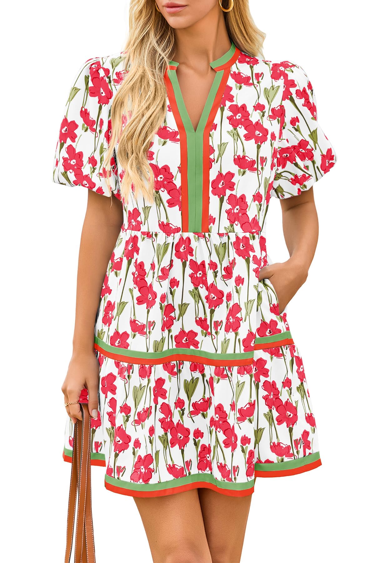 Cicy Bell Womens Summer Puff Sleeve V Neck Floral Mini Boho Beach Dresses | Short Length, Patchwork,Hawaiian,Vacation,Loose fit ,Print with pockets