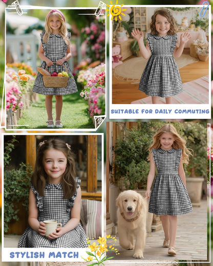 Xaatren Girls' Ruffle Sleeves Dress 5-14 Years Doll Collar Plaid Midi Length Gingham Flutter Pockets Summer Dress with Zipper