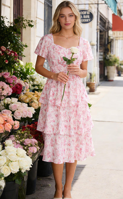 Belle Poque Women's Vintage Square Neck Dress 2026 Summer Short Sleeve Layered Tiered Ruffle A-line Swing Midi Dress