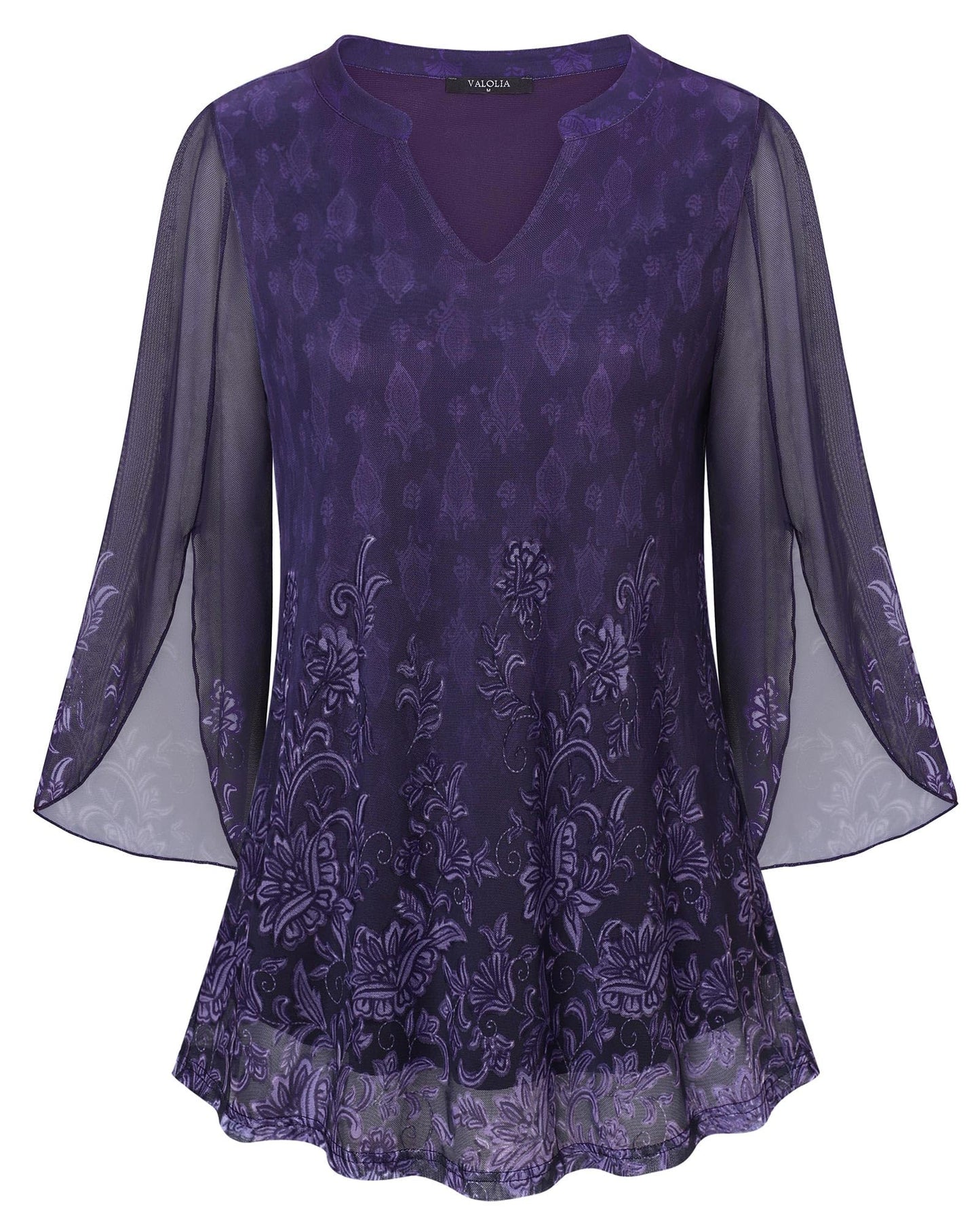 VALOLIA Women's 3/4 Sleeve Floral Tunic Tops V Neck Double Layers Loose Fit Mesh Blouses Shirt