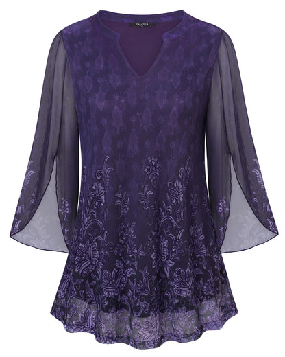 VALOLIA Women's 3/4 Sleeve Floral Tunic Tops V Neck Double Layers Loose Fit Mesh Blouses Shirt