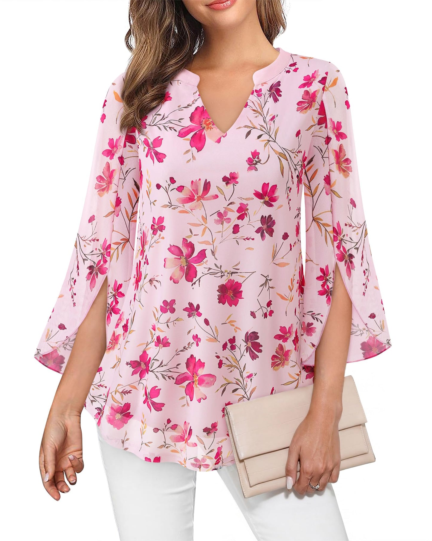 VALOLIA Women's 3/4 Sleeve Floral Tunic Tops V Neck Double Layers Loose Fit Mesh Blouses Shirt