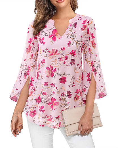 VALOLIA Women's 3/4 Sleeve Floral Tunic Tops V Neck Double Layers Loose Fit Mesh Blouses Shirt