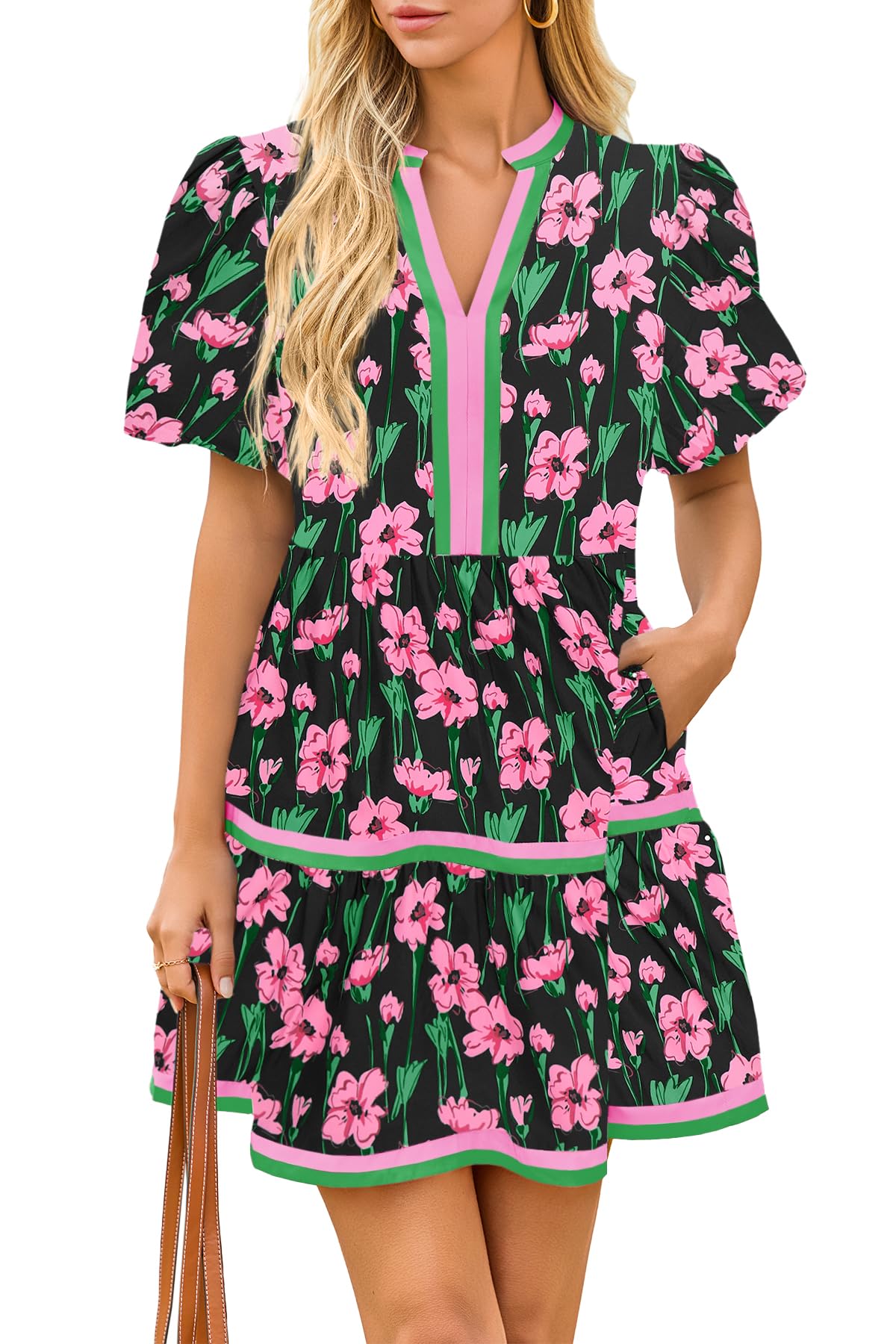 Cicy Bell Womens Summer Puff Sleeve V Neck Floral Mini Boho Beach Dresses | Short Length, Patchwork,Hawaiian,Vacation,Loose fit ,Print with pockets