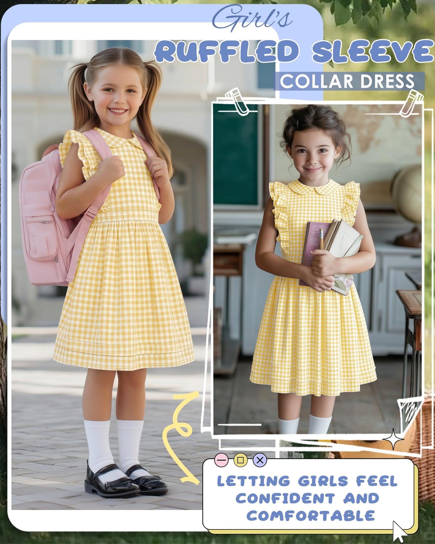 Xaatren Girls' Ruffle Sleeves Dress 5-14 Years Doll Collar Plaid Midi Length Gingham Flutter Pockets Summer Dress with Zipper
