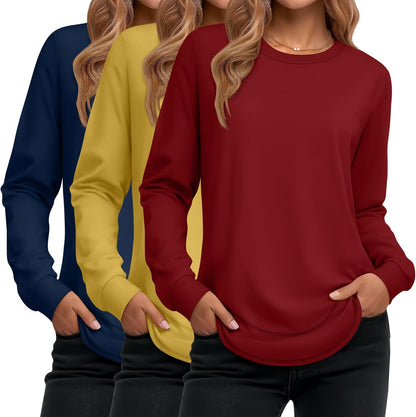 Ficerd 3 Pack Women's Long Sleeve Shirts, Cotton Crew Neck Tunic Tops Casual Loose Fit Pullover Sweatshirts Curved Hem Shirts