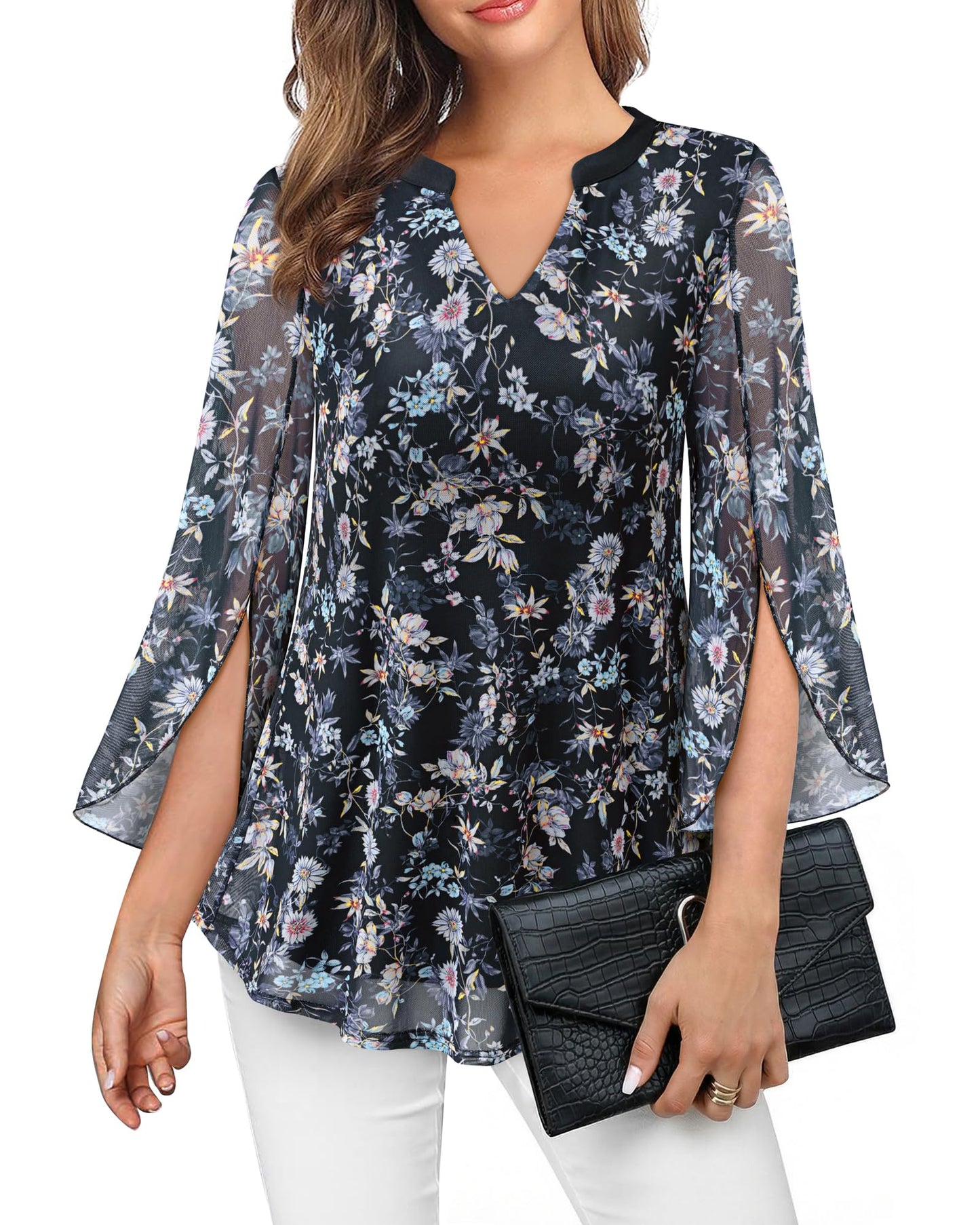 VALOLIA Women's 3/4 Sleeve Floral Tunic Tops V Neck Double Layers Loose Fit Mesh Blouses Shirt