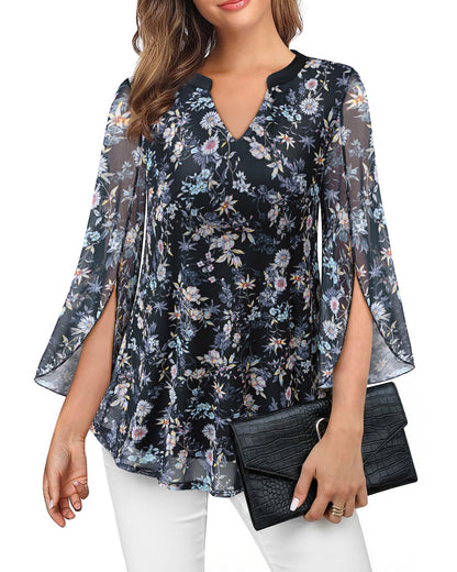 VALOLIA Women's 3/4 Sleeve Floral Tunic Tops V Neck Double Layers Loose Fit Mesh Blouses Shirt