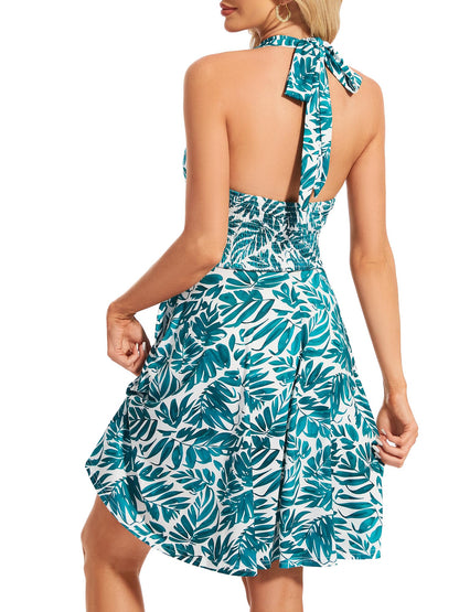 Women's Sexy Sundress Halter V Neck Tie Back Sleeveless Ruffle Mini Short Summer Beach Dresses