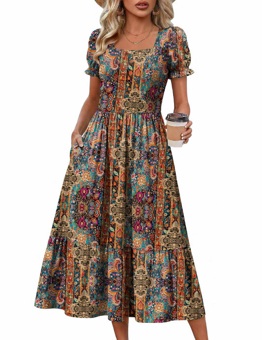 Zeagoo Summer Dresses for Women Flowy Casual Midi Dress Short Sleeve Tiered Dress Beach Vacation Sundresses with Pockets