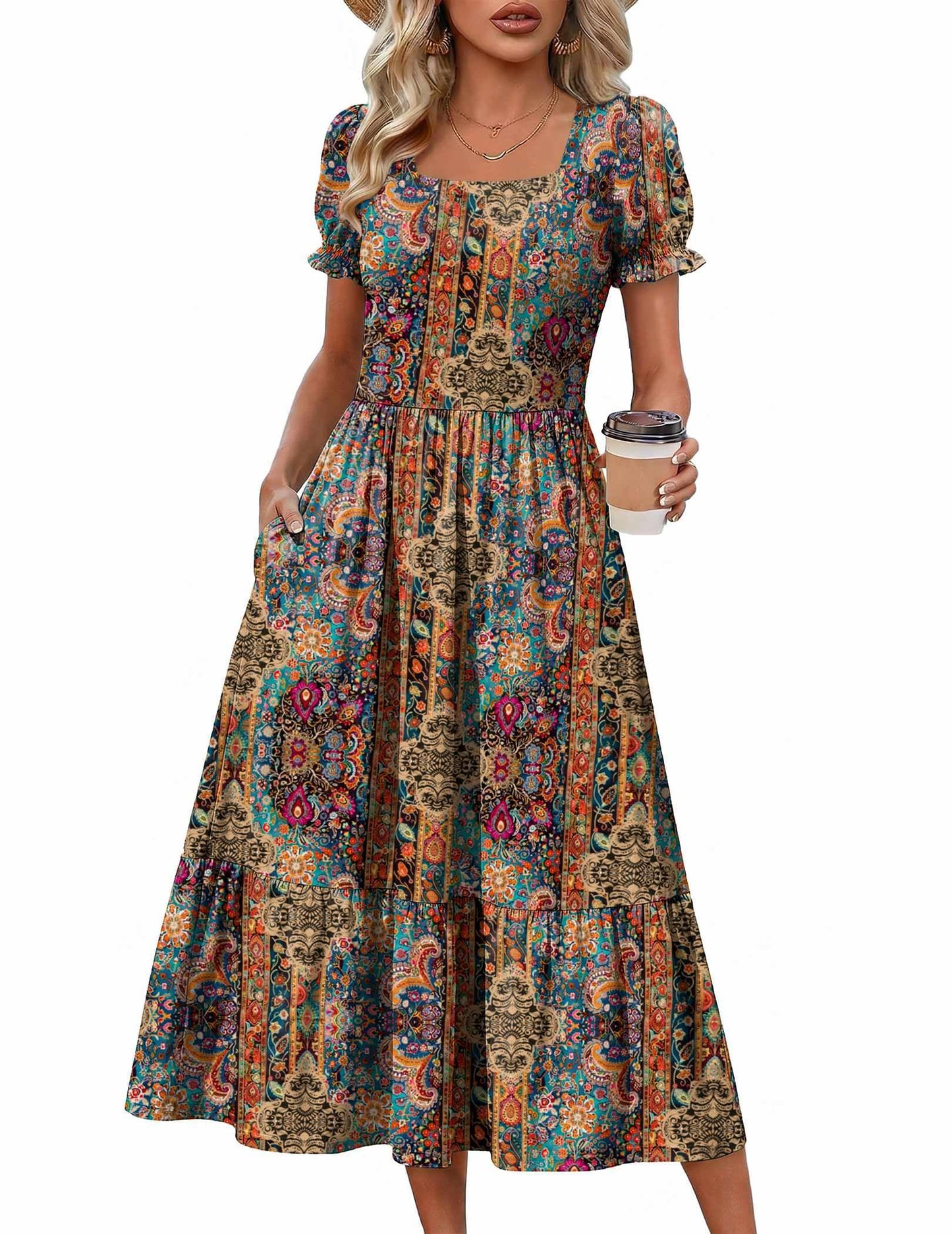 Zeagoo Summer Dresses for Women Flowy Casual Midi Dress Short Sleeve Tiered Dress Beach Vacation Sundresses with Pockets