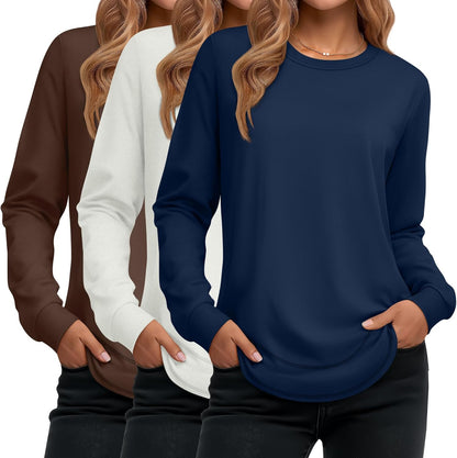 Ficerd 3 Pack Women's Long Sleeve Shirts, Cotton Crew Neck Tunic Tops Casual Loose Fit Pullover Sweatshirts Curved Hem Shirts