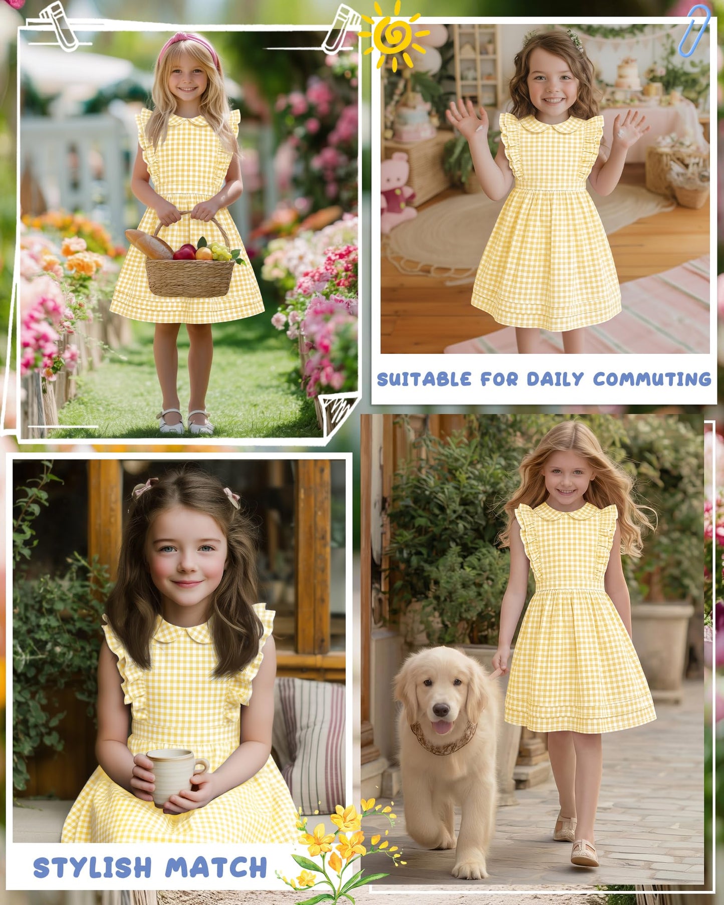 Xaatren Girls' Ruffle Sleeves Dress 5-14 Years Doll Collar Plaid Midi Length Gingham Flutter Pockets Summer Dress with Zipper