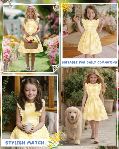 Xaatren Girls' Ruffle Sleeves Dress 5-14 Years Doll Collar Plaid Midi Length Gingham Flutter Pockets Summer Dress with Zipper