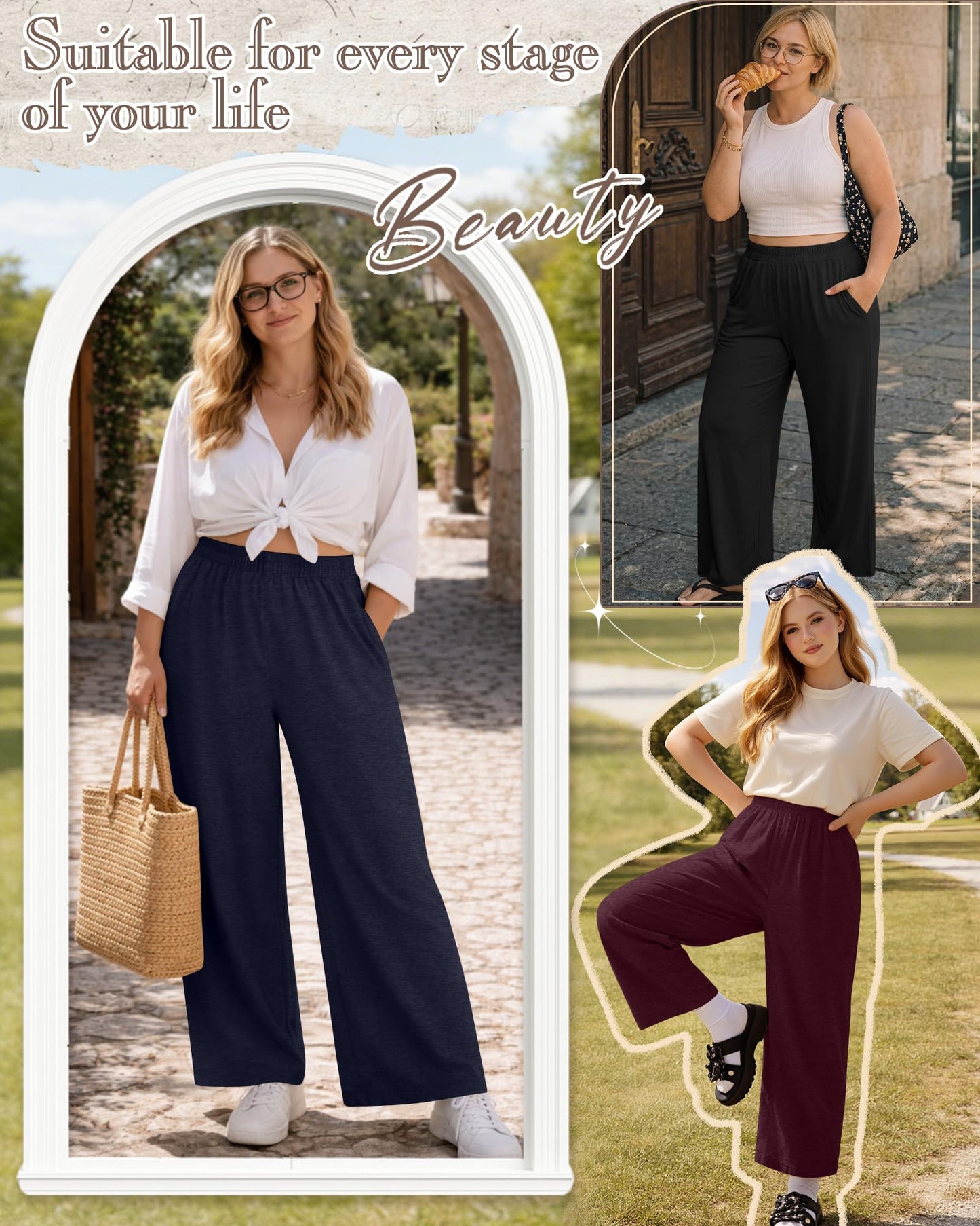 Evervibe 3 Pack Women Plus Size Wide Leg Pants Loose Fit Palazzo Lounge Yoga Sweatpants High Waist Casual Pajamas Pants