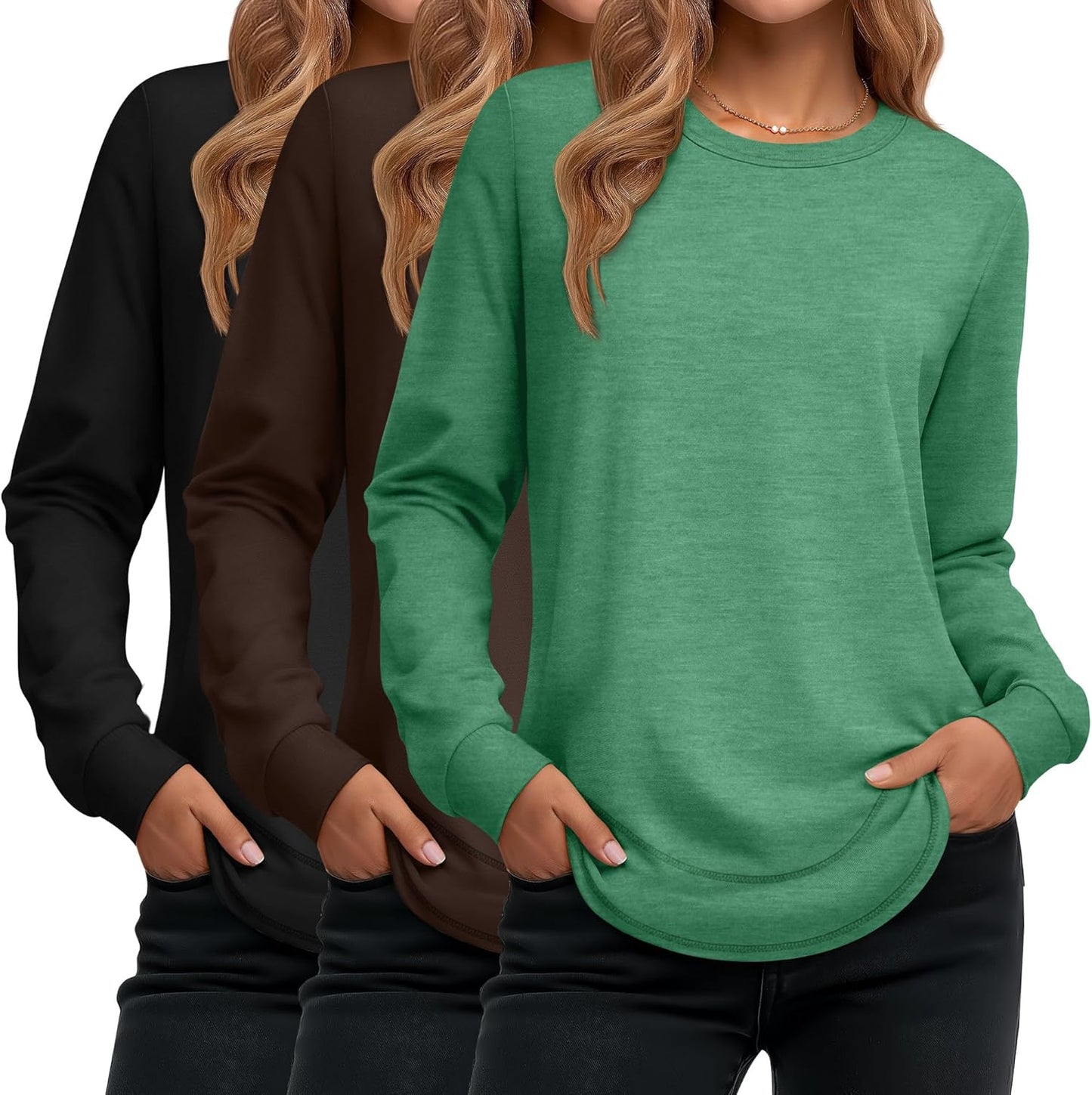 Ficerd 3 Pack Women's Long Sleeve Shirts, Cotton Crew Neck Tunic Tops Casual Loose Fit Pullover Sweatshirts Curved Hem Shirts