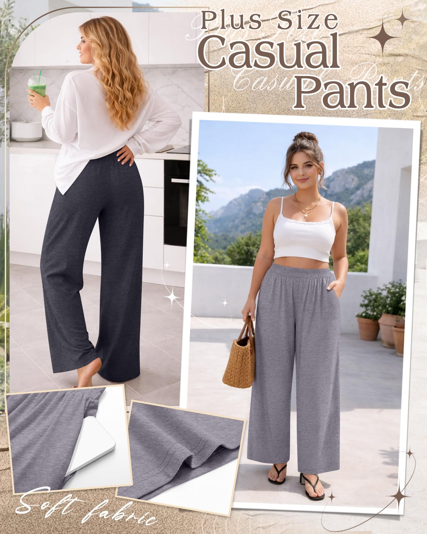 Evervibe 3 Pack Women Plus Size Wide Leg Pants Loose Fit Palazzo Lounge Yoga Sweatpants High Waist Casual Pajamas Pants