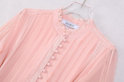Women's 2026 Spring Fall Midi Dress with Belt Casual Long Sleeve Lace V Neck Pleated A Line Flowy Dresses for Work or Daily