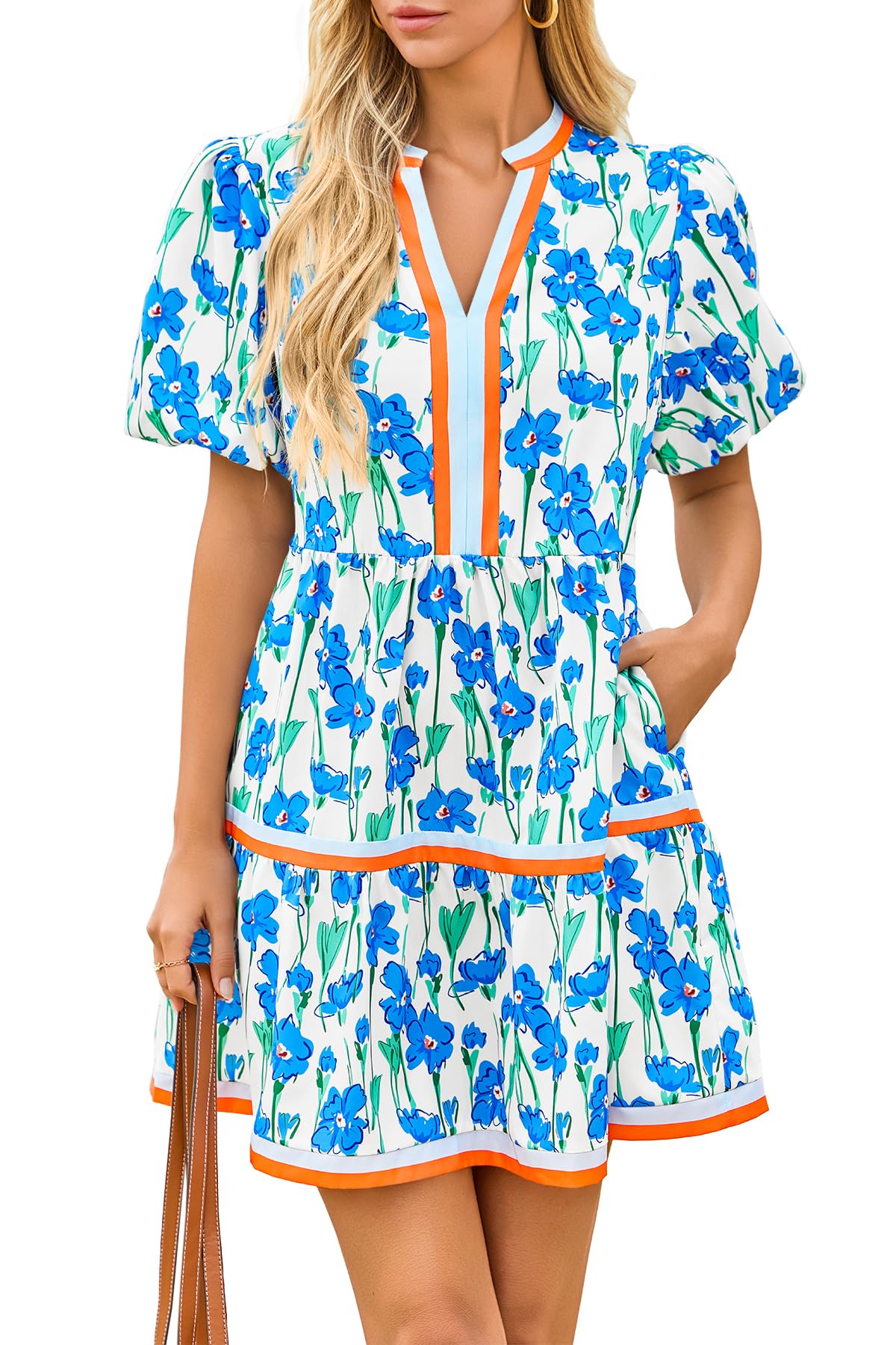 Cicy Bell Womens Summer Puff Sleeve V Neck Floral Mini Boho Beach Dresses | Short Length, Patchwork,Hawaiian,Vacation,Loose fit ,Print with pockets