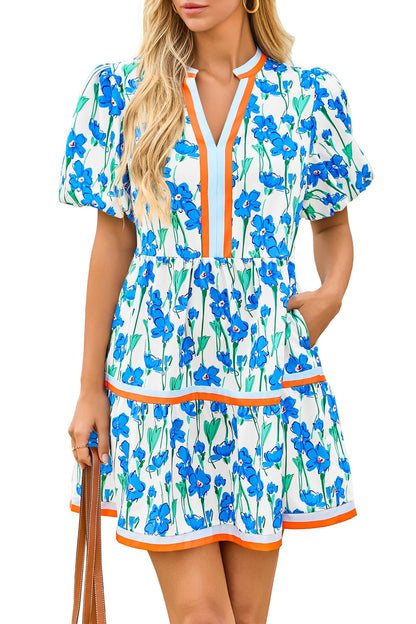 Cicy Bell Womens Summer Puff Sleeve V Neck Floral Mini Boho Beach Dresses | Short Length, Patchwork,Hawaiian,Vacation,Loose fit ,Print with pockets