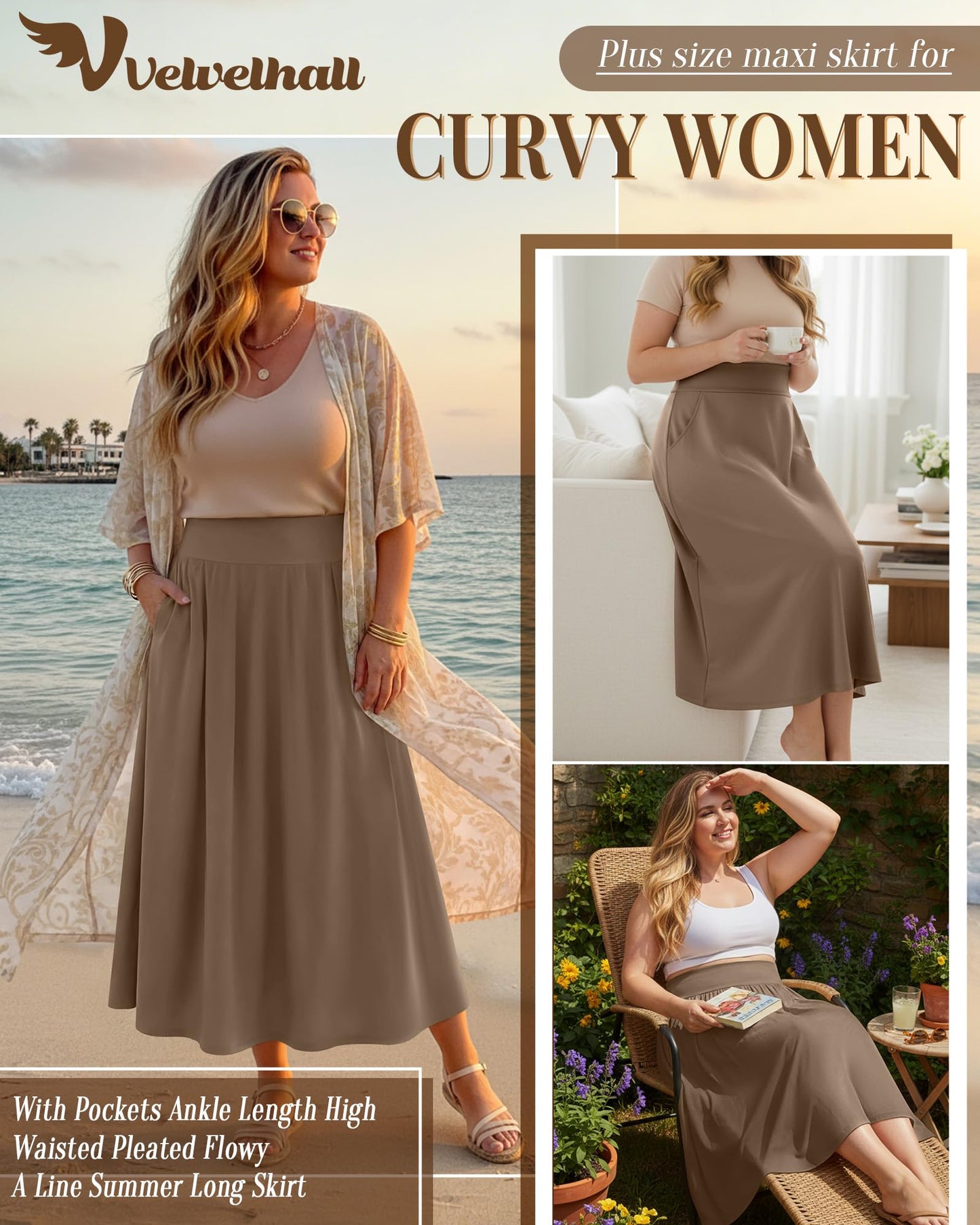 Plus Size Maxi Skirt for Curvy Women Pockets 2026 Ankle Length High Waisted Pleated Flowy a Line Summer Long Skirt