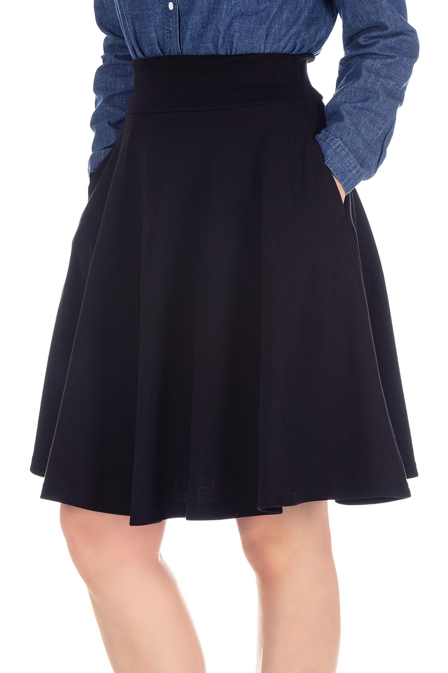 Dani's Choice High-Waisted Cotton Blend Skirt with Pockets - Knee Length A-line Flare for Business and Casual Wear
