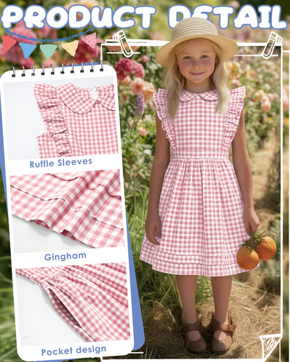 Xaatren Girls' Ruffle Sleeves Dress 5-14 Years Doll Collar Plaid Midi Length Gingham Flutter Pockets Summer Dress with Zipper