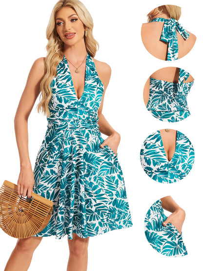 Women's Sexy Sundress Halter V Neck Tie Back Sleeveless Ruffle Mini Short Summer Beach Dresses