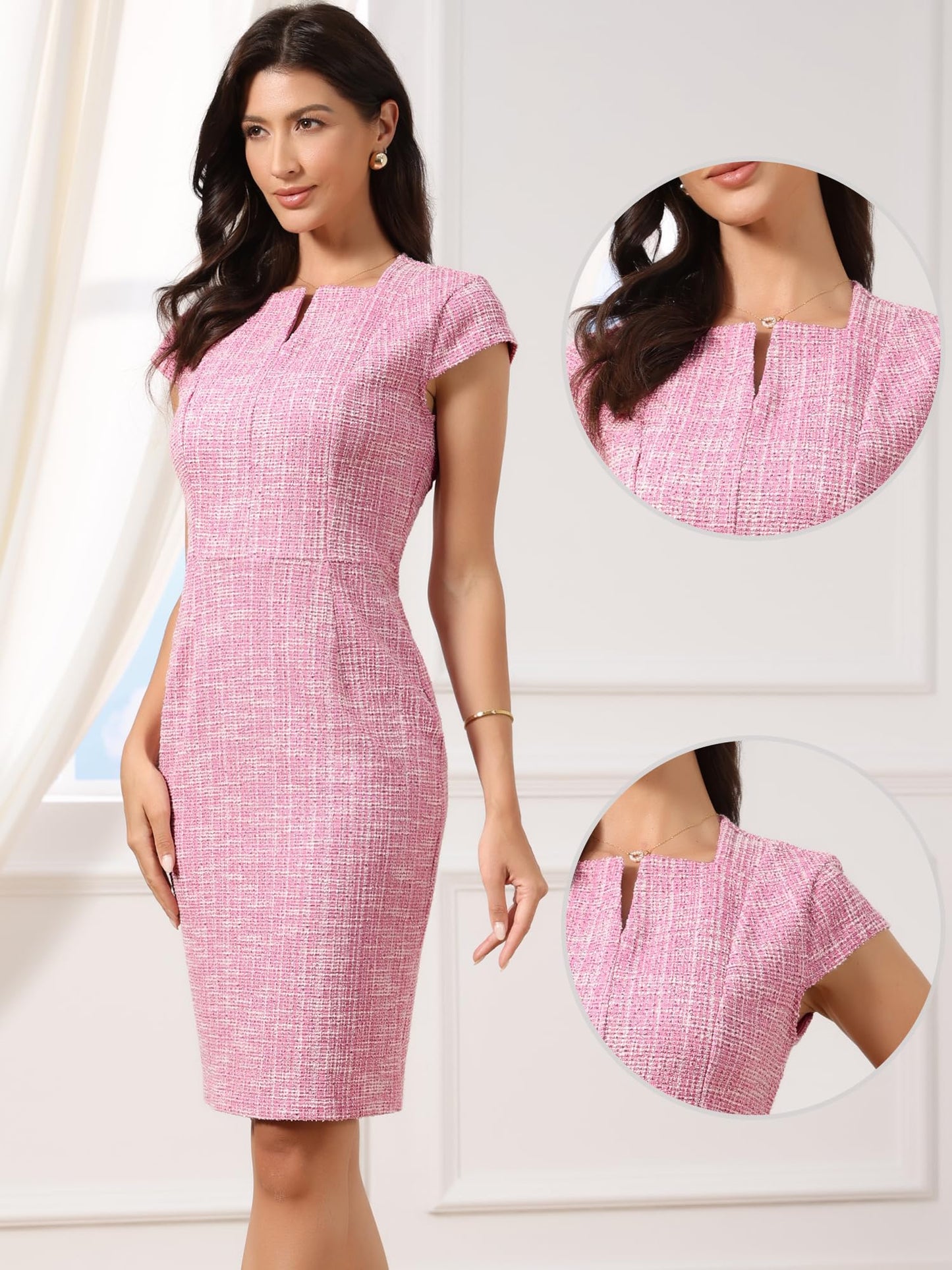 Allegra K Tweed Dress for Women Cap Sleeve Square Neck Business Casual Elegant Bodycon Dresses