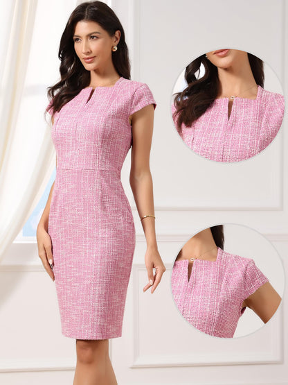Allegra K Tweed Dress for Women Cap Sleeve Square Neck Business Casual Elegant Bodycon Dresses
