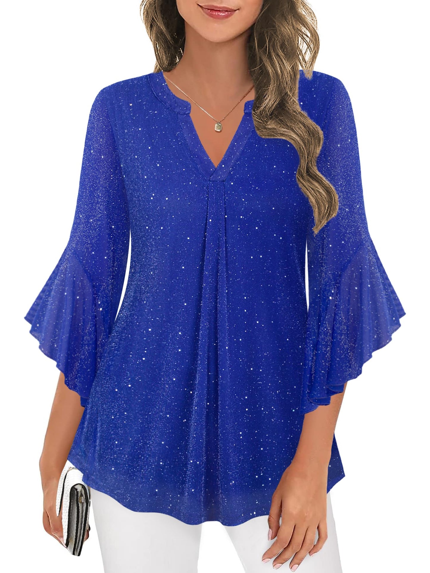 Ninedaily Womens Sparkly Tops 3/4 Sleeve Dressy Casual Sequin Blouses Double Layers Loose V Neck Shirt