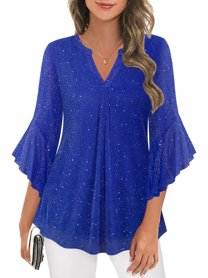 Ninedaily Womens Sparkly Tops 3/4 Sleeve Dressy Casual Sequin Blouses Double Layers Loose V Neck Shirt