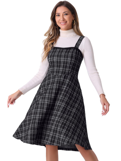 Allegra K Tweed Dress for Women Sleeveless Square Neck Plaid A-Line Pinafore Overall Dresses